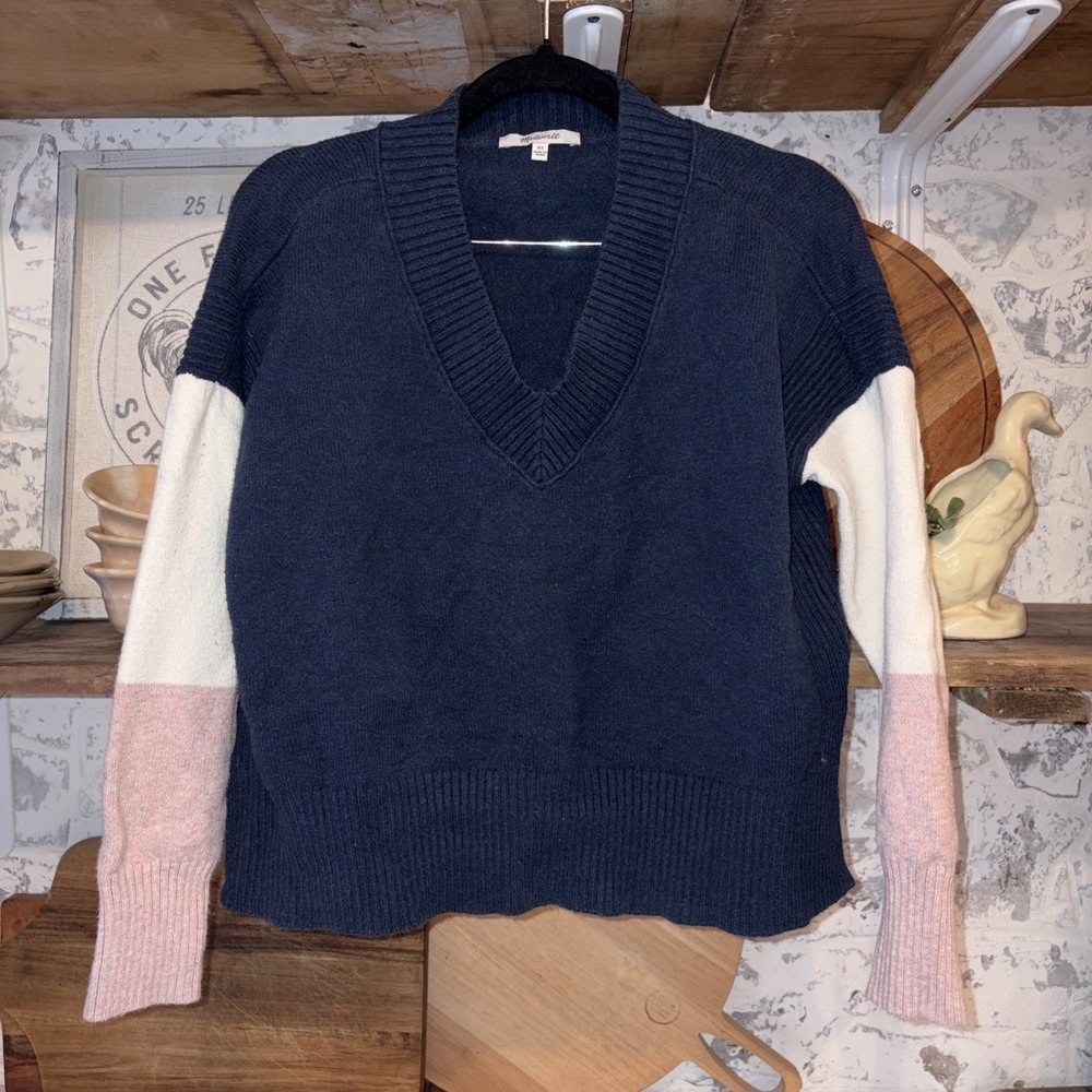 Madewell Preppy Cropped Striped V Neck Pullover Sweater Cotton Blend Women's XS